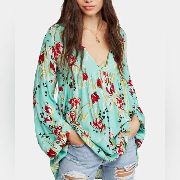 Free People Dresses & Skirts - Free People Women's Green Floral Bella Printed Tunic Mini Dress Size XS NWT